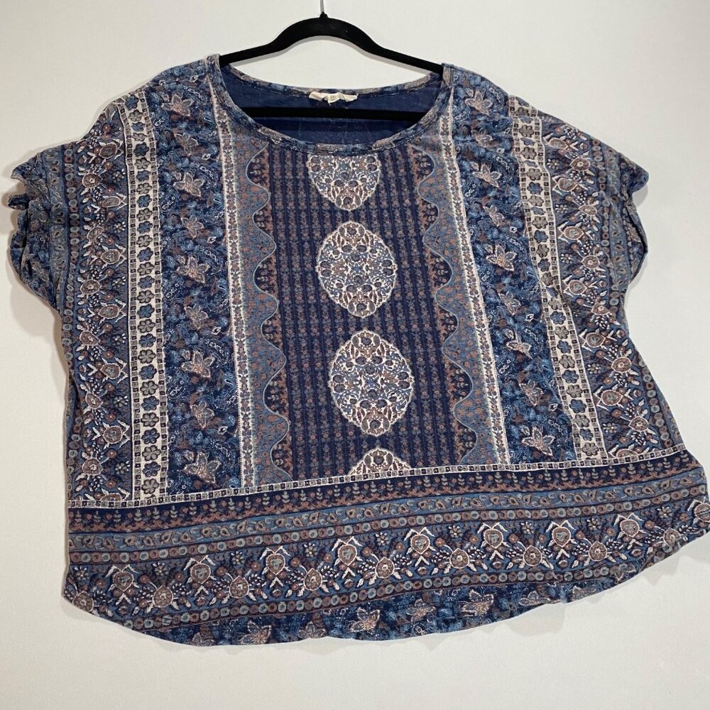 Lucky Brand Womens XXL Blue Boho Floral & Geometric Print Jersey Knit Top